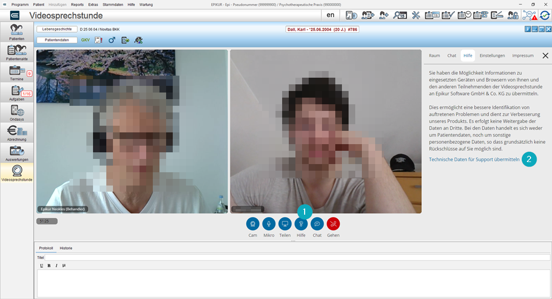 Aufruf der Hilfe über das Fragezeichen-Symbol und Link zur Übermittlung der Daten in der Videosprechstunde