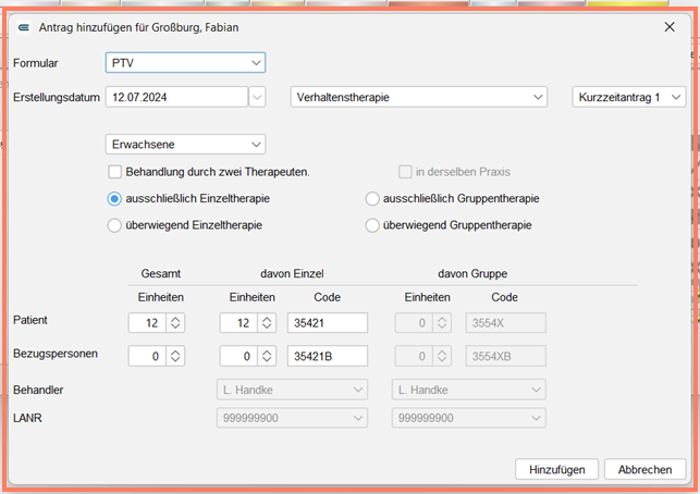 Dialogfenster für die Antragsdaten