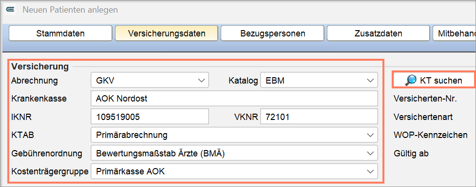 Suche nach der Krankenkasse über die Schaltfläche KT suchen