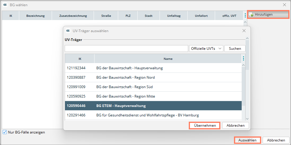 Dialogfenster BG wählen mit dem geöffneten Dialogfenster UV-Träger auswählen