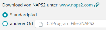 Unter Geräte > Import / Export hinterlegen Sie den Speicherort von NAPS2. Auswahl Standardpfad oder anderer Ort für NAPS2 in den Programmeinstellungen