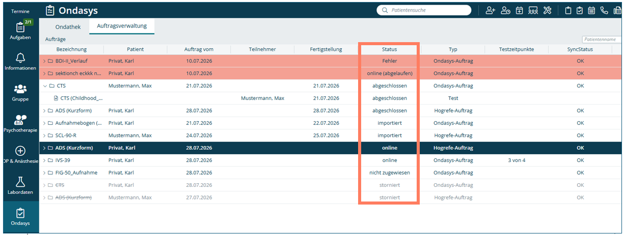 Auftragsübersicht mit den Spalten Status, Typ und SyncStatus