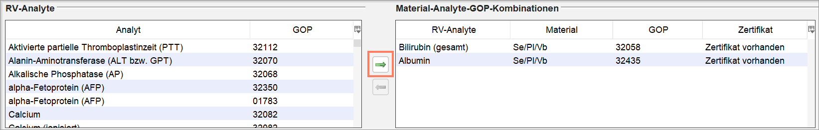 Zuordnung der RV-Analyte über den Pfeil in die rechte Liste