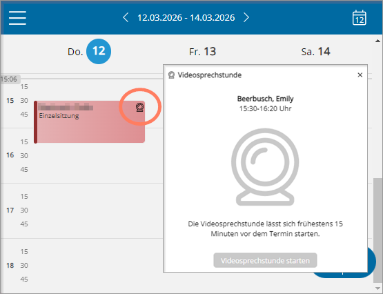Fenster mit Informationen zum weiteren Vorgehen nach Tippen auf das Kamerasymbol im Kalender der Therapeuten-App