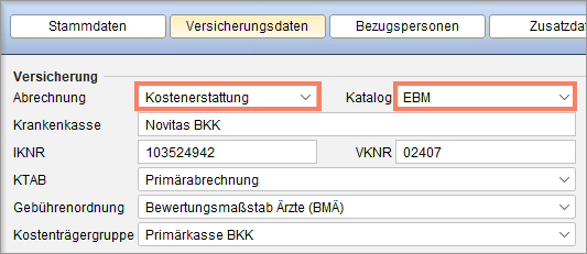 Im Feld Abrechnung stellen Sie Kostenerstattung ein. Feld Abrechnung mit Kostenerstattung in den Versicherungsdaten