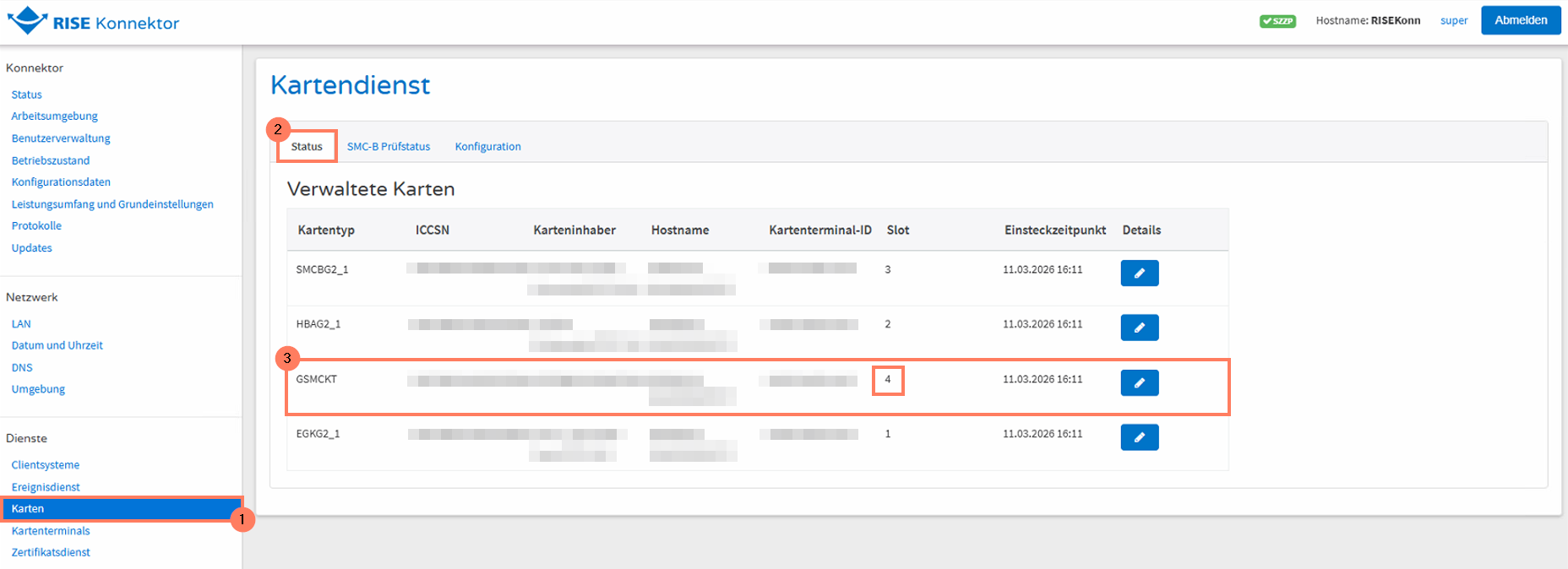 Übersicht der verwalteten Karten mit dem Kartenslot der gSMC-KT