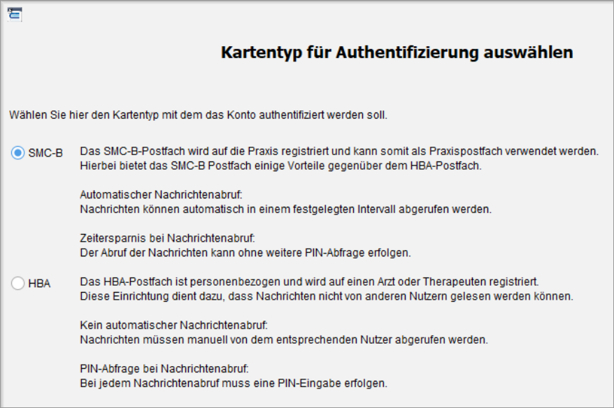 Auswahl des Kartentyps für die Authentifizierung