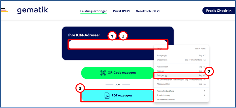 Die Weiterleitung kopiert Ihre KIM-Adresse und öffnet die Webseite der gematik.