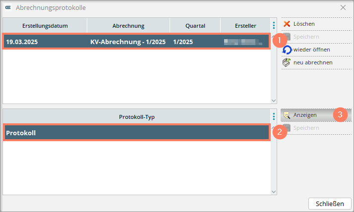 Tabelle mit gespeicherten Abrechnungsprotokollen und Aktionsleiste