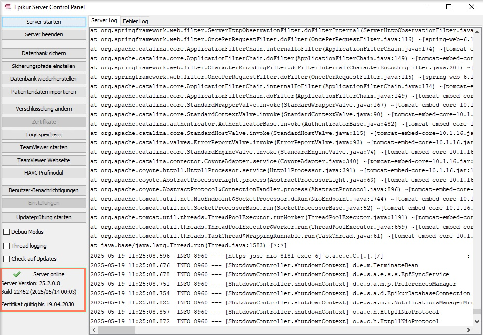 Nach dem Start zeigt das Server-Control-Panel links unten die Server-Version und das Gültigkeitsdatum des Zertifikats. Server-Panel mit Server-Version und Zertifikatsdatum