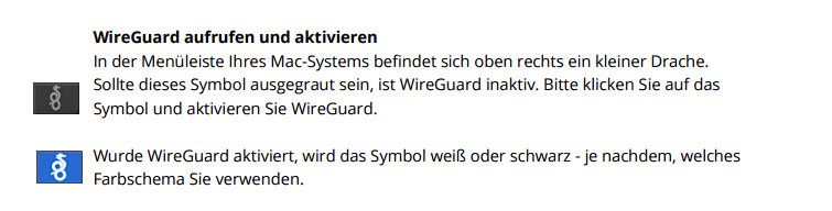 Ein ausgegrautes Drachensymbol zeigt, dass WireGuard inaktiv ist. WireGuard-Symbol in der Menüleiste