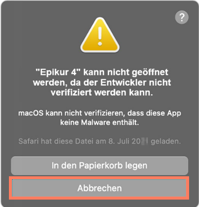 Meldung von macOS beim ersten Start Meldung: EPIKUR kann nicht geöffnet werden