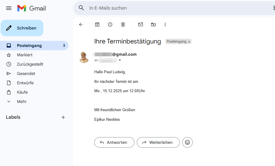 Darstellung der Beispielvorlage in Gmail. Darstellung der Terminbestätigungs-E-Mail in Gmail