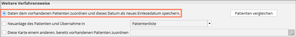 Dialogfenster mit der Option "Daten dem vorhandenen Patienten zuordnen und dieses Datum als neues Einlesedatum speichern"