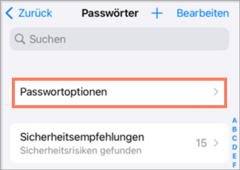Aufruf der Passwortoptionen