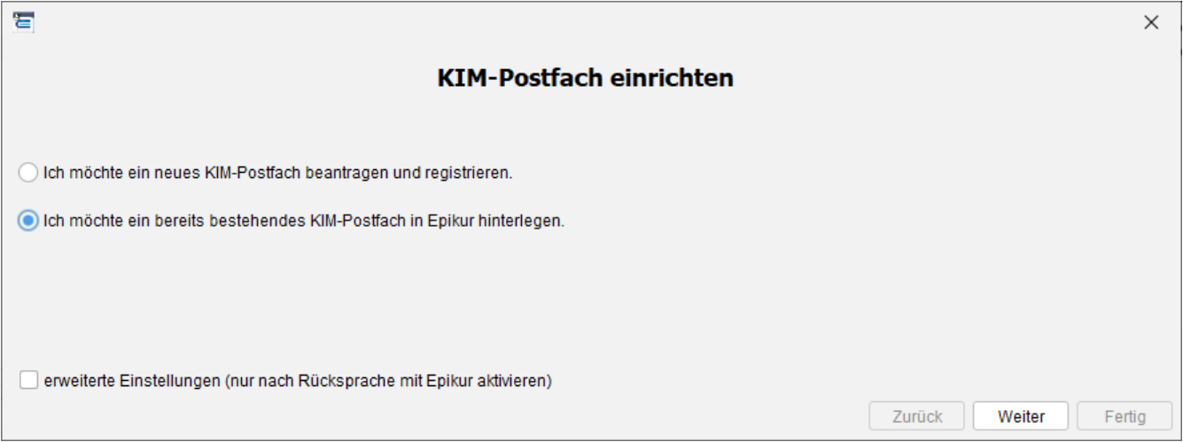Für ein bestehendes Postfach wählen Sie die zweite Option.