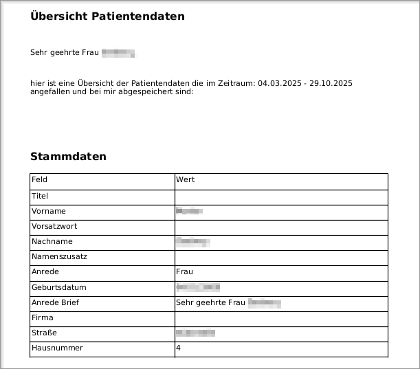 Die PDF-Datei enthält die ausgewählten Daten der Patientenakte. Erstellte PDF-Datei mit den exportierten Patientendaten