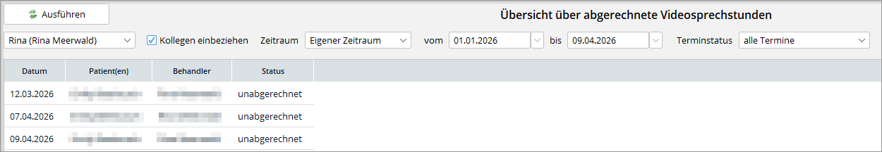 Mit Ausführen erzeugt die Erweiterte Auswertung die Liste der abgerechneten Videosprechstunden.