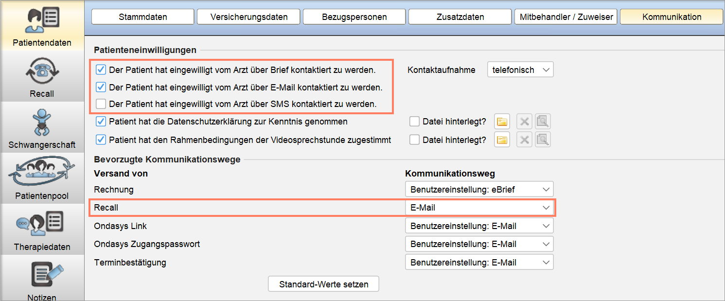Registerkarte Kommunikation in den Patientendaten