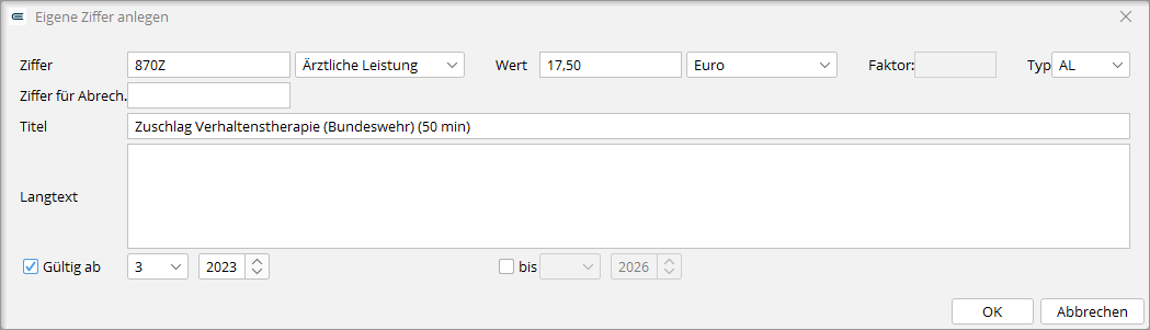 Im GOÄ-Katalog legen Sie die Leistungsziffer 870Z mit Ziffer, Wert, Titel und Gültigkeit an.