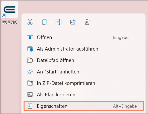 Über das Kontextmenü der Verknüpfung öffnen Sie die Eigenschaften. Kontextmenü der EPIKUR-Verknüpfung mit dem Eintrag Eigenschaften