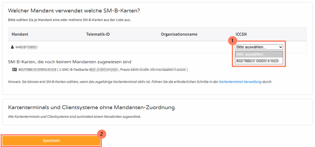 In der Konfiguration der Arbeitsumgebung ordnen Sie die SMC-B dem Mandanten zu. Zuordnung der SMC-B zum Mandanten in der Konnektor-Konfiguration