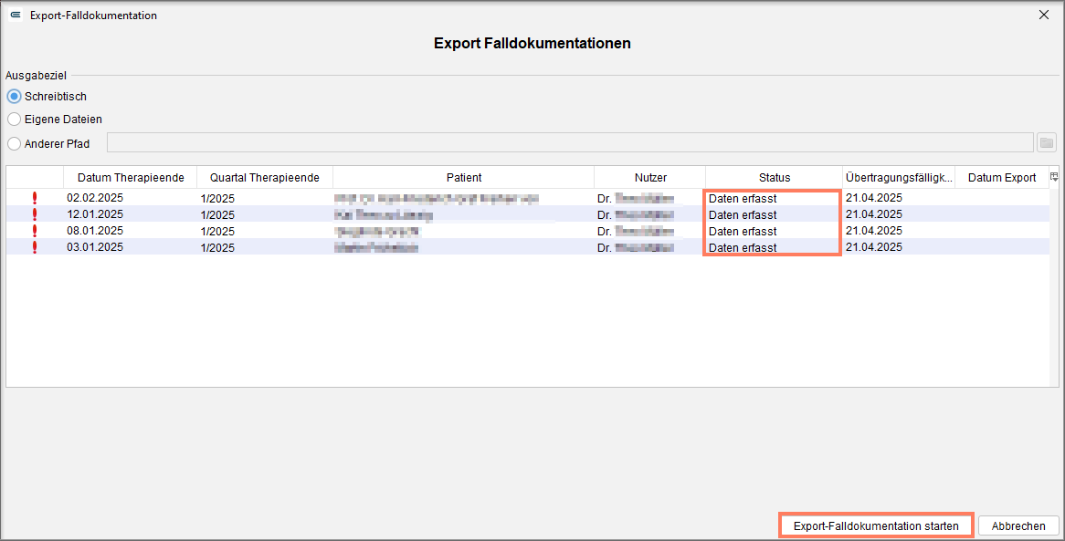 Wizard zum Exportieren der Falldokumentationen