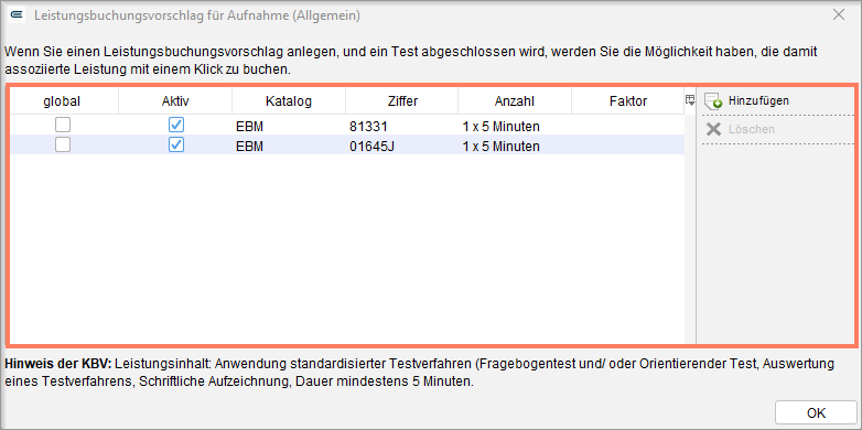 Über Hinzufügen legen Sie die vorgeschlagenen Leistungen fest.