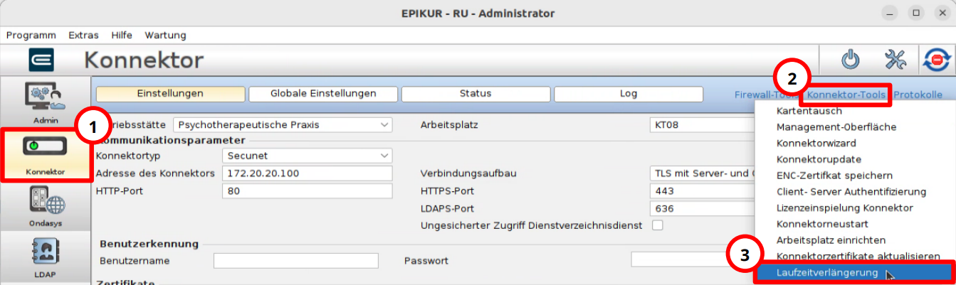 Im Menü Konnektor-Tools starten Sie den Assistenten zur Laufzeitverlängerung. Konnektor-Tools öffnen
