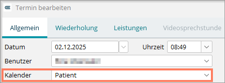 In der Terminmaske ist der markierte Kalender bereits eingetragen. Terminmaske mit automatisch eingetragenem, zuvor markiertem Kalender