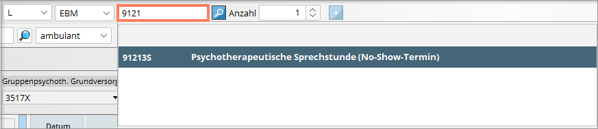 Auswahl der eigenen Leistungsziffer in der Leistung-Hinzufügen-Leiste