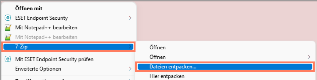 7-Zip-Menü mit der Option Dateien entpacken