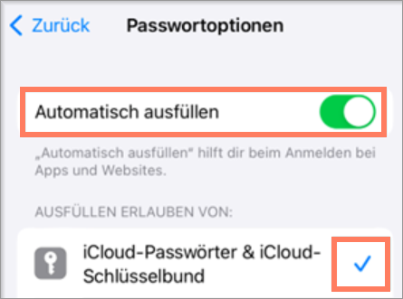 Aktivierte Passwortoptionen zum automatischen Ausfüllen