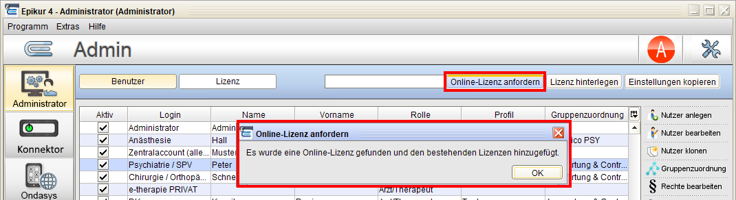 Im Administrator rufen Sie neu freigeschaltete Onlinelizenzen manuell ab.