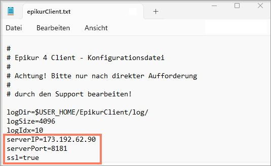 Einträge serverIP, serverPort und ssl in der Properties-Datei