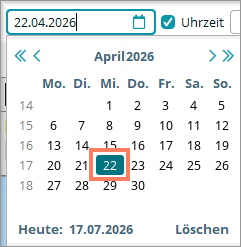 Der gewählte Tag ist in der Datumsauswahl blau markiert. Ausgewählter Tag in der Datumsauswahl der Leistung-Hinzufügen-Leiste