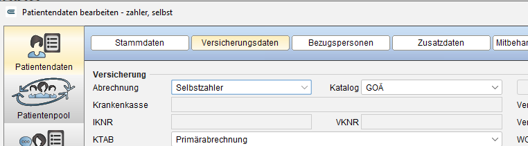 In den Versicherungsdaten stellen Sie die Versicherungsart um. Versicherungsdaten in der Patientenakte