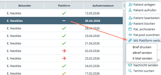Mit Plattform verbinden erstellt eine neue Einladung zur Patienten-App. 2bbad86466cb5bdd4a53d3596ebc1f6aeef053d6.png