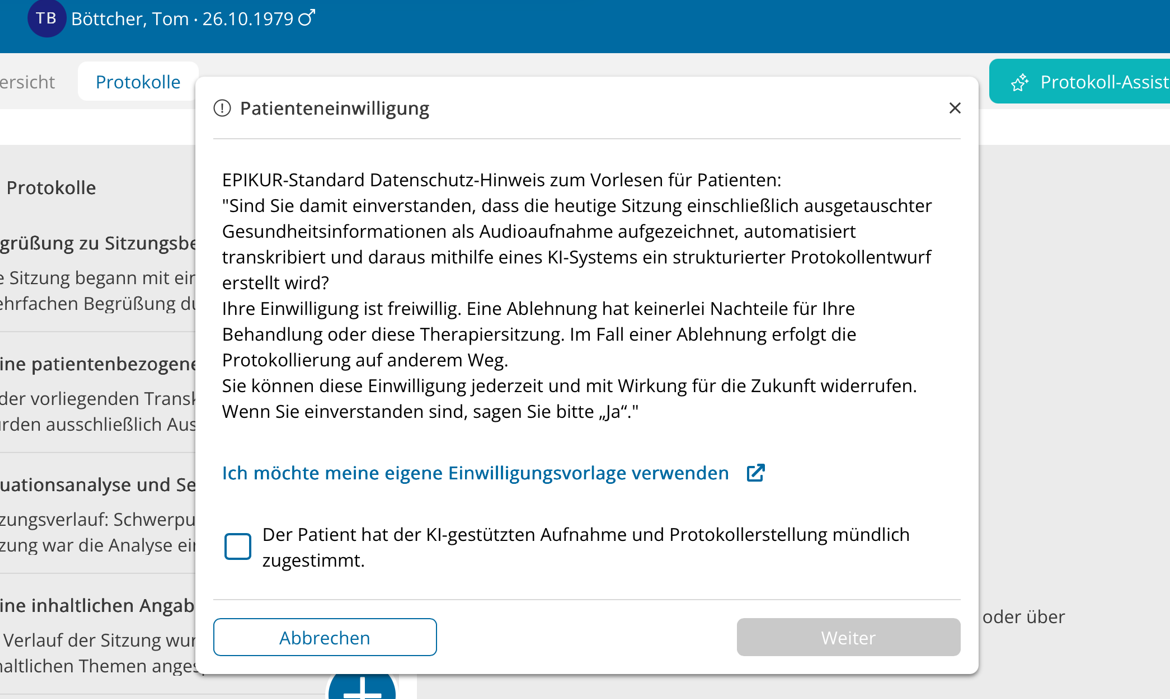 Fenster Patienteneinwilligung mit Einwilligungstext