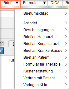 Über das Dreieck neben Brief wählen Sie eine Briefvorlage.