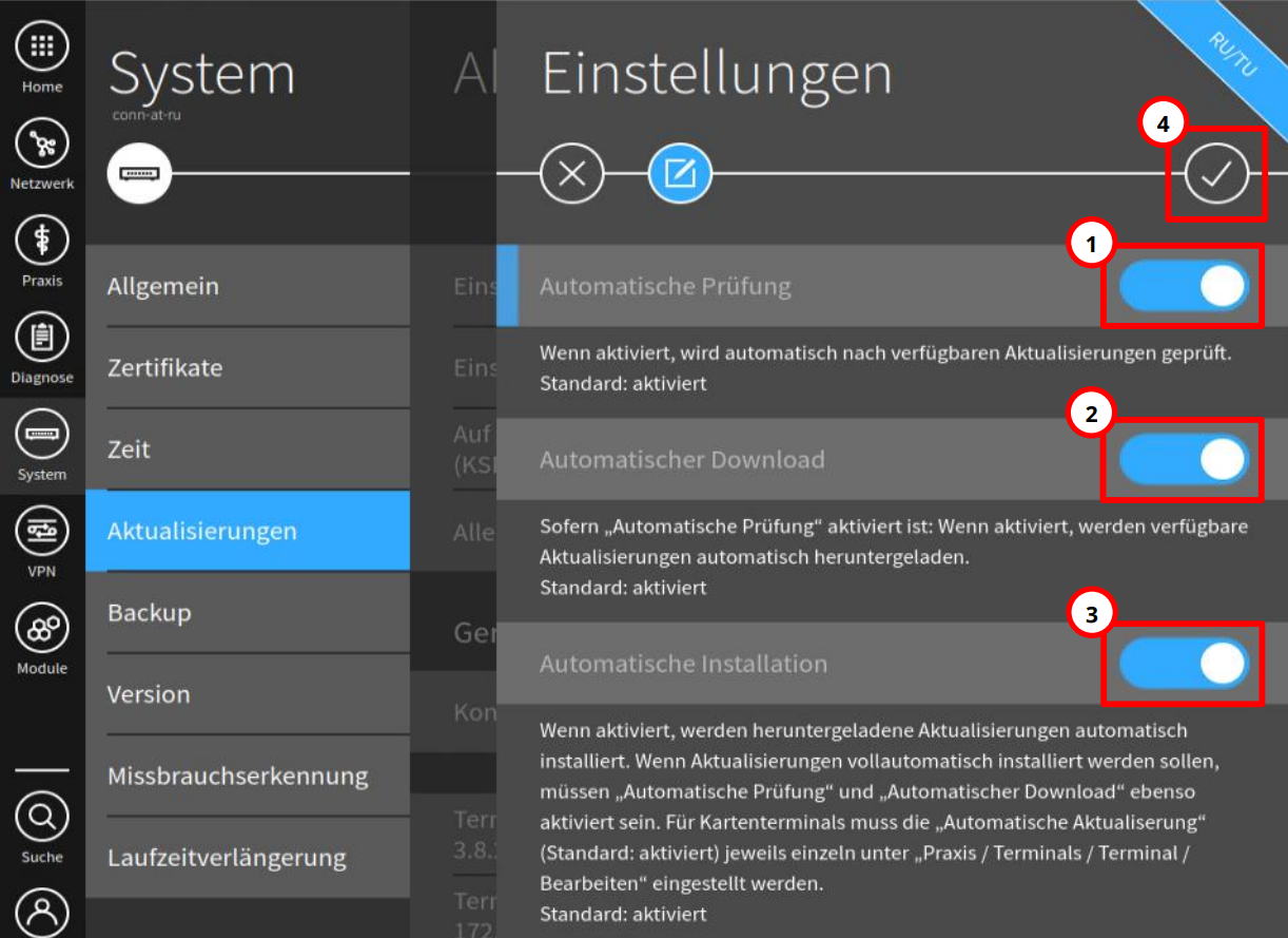 Schieberegler für automatische Prüfung, automatischen Download und automatische Installation