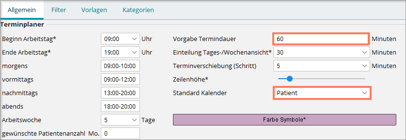 Programmeinstellungen Terminplaner / Räume, Allgemein, mit den Feldern Vorgabe Termindauer und Standard Kalender