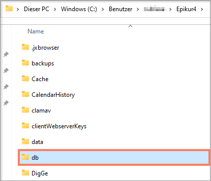 Im Verzeichnis Epikur4 liegt die Datenbank im Ordner db. Der Ordner „db" im Verzeichnis Epikur4