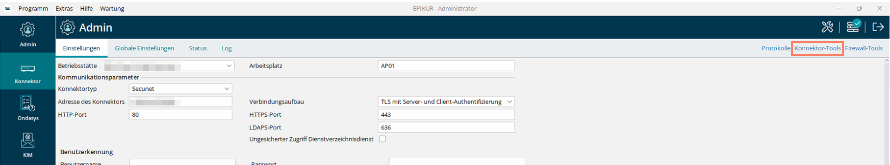 Schaltfläche Konnektor-Tools im Administratorbereich