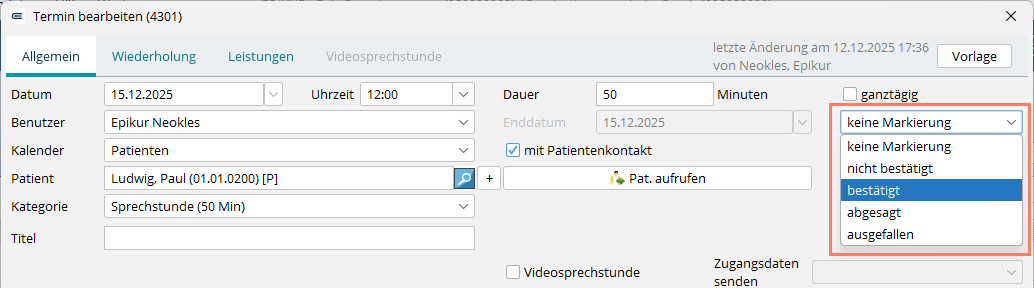 In der Terminmaske legen Sie fest, ob für diesen Termin eine Benachrichtigung versendet wird. Markierung eines Termins in der Terminmaske zur Auslösung der Benachrichtigung
