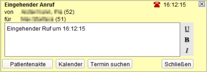 Hinweisfenster bei einem eingehenden Anruf.