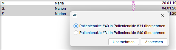 Schaltfläche „Pat. zusammenfüg." in der Aktionsleiste