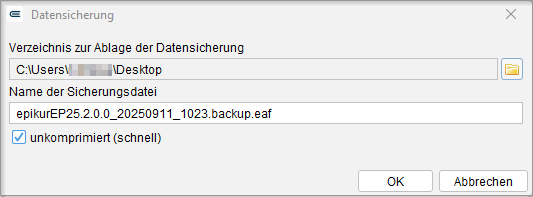 Im Dialogfenster legen Sie fest, wo die Datensicherung gespeichert wird. Auswahl des Speicherorts für die Datensicherung