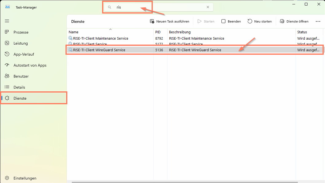 Über diesen Dienst starten Sie WireGuard unter Windows neu. Dienst Rise-TI-Client WireGuard