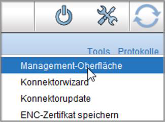 Über die Konnektor-Tools öffnen Sie die Management-Oberfläche. Button „Tools" in der blauen Menüleiste des Konnektor-Bereichs